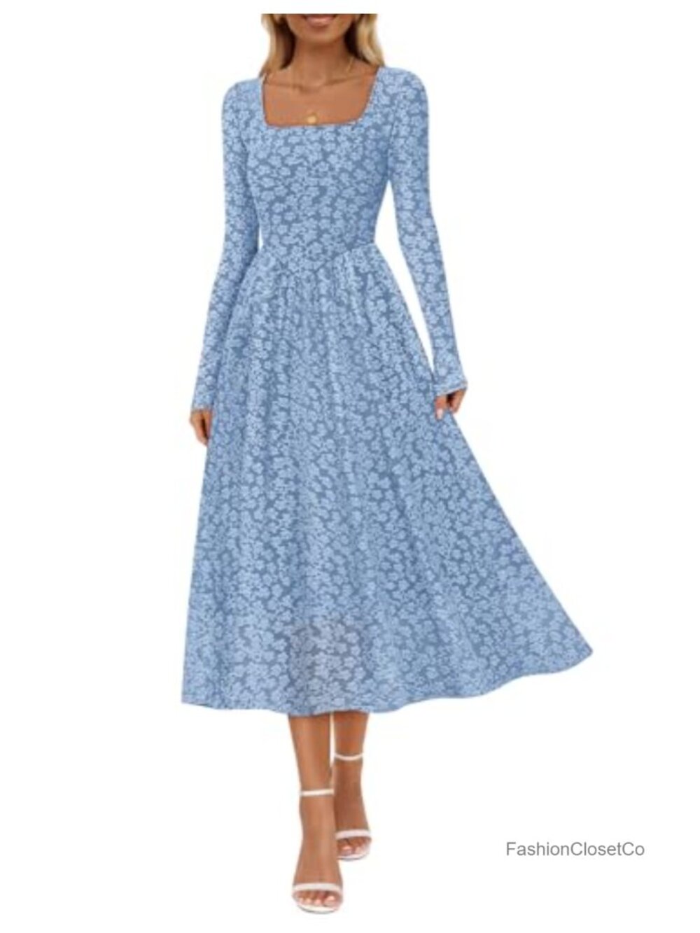 Women's Floral Midi Dress Long Sleeve Square Neck A-Line Wedding Guest